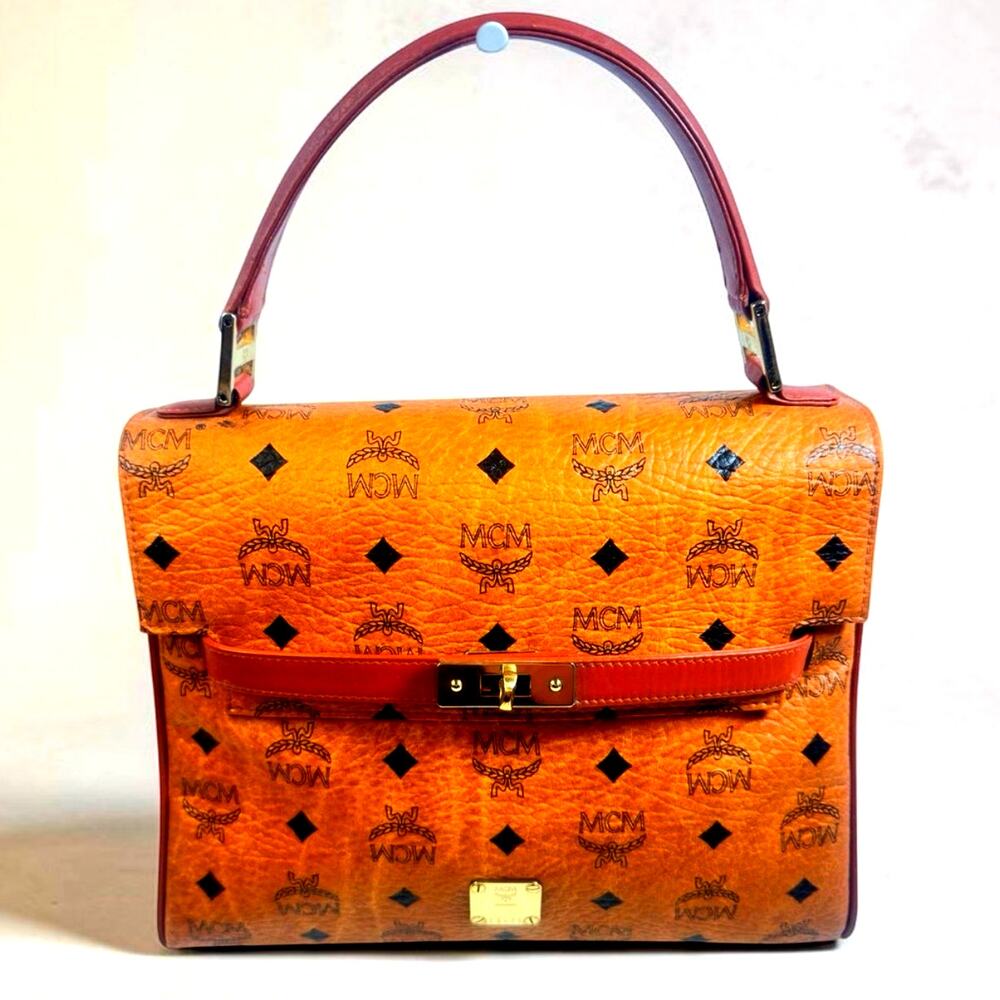 Vintage MCM Visetos Top Handle Bag Cognac w/ Lock Key Mirror Dust Bag